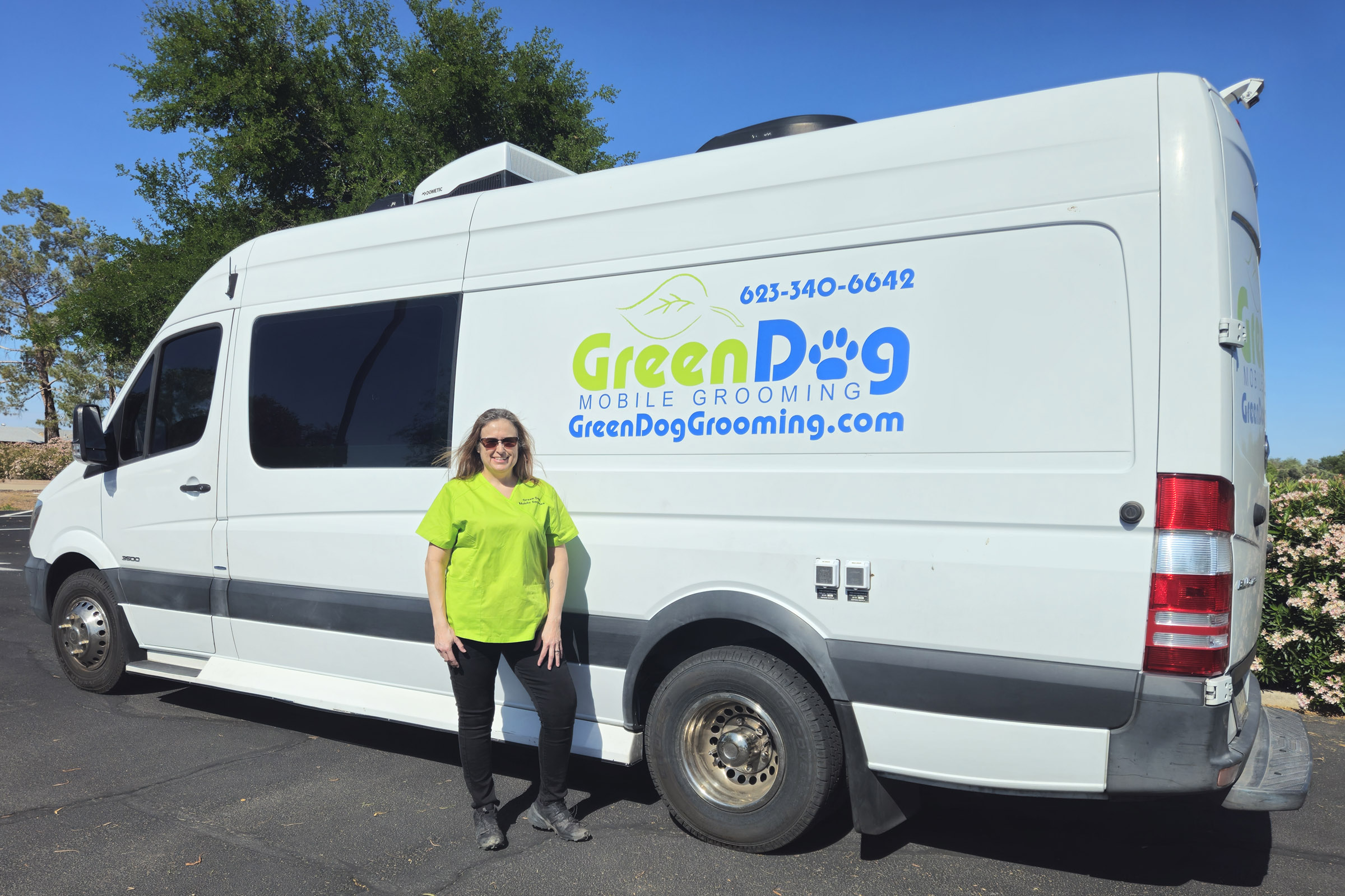 Yvette Ehler with the Green Dog Mobile Grooming van in North Phoenix