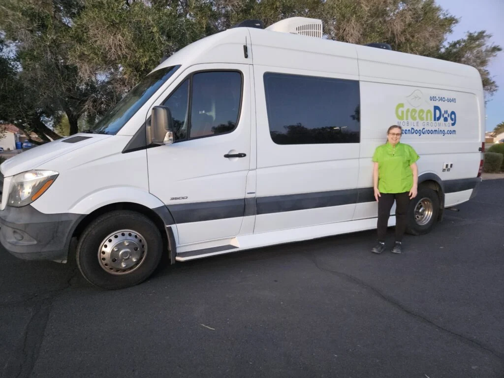 Yvette in a green smock at the front corner of the van in North Phoenix